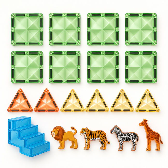 All 19 magnetic building blocks and animal pieces