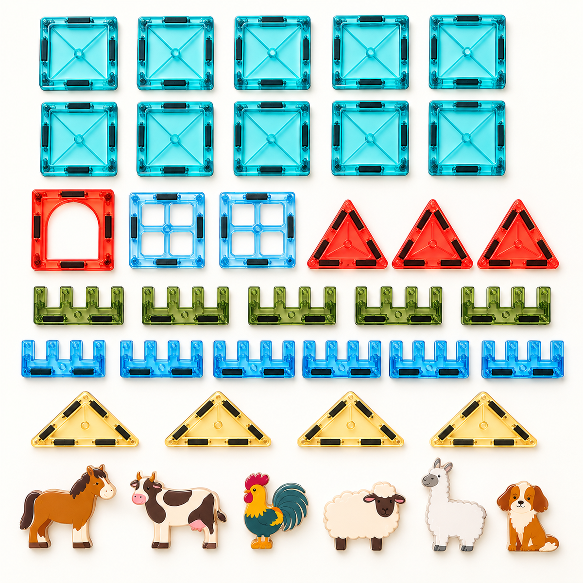All 37 pieces included in the magnetic farm building set