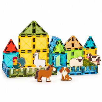 37-piece magnetic farm building set assembled with six farm animals