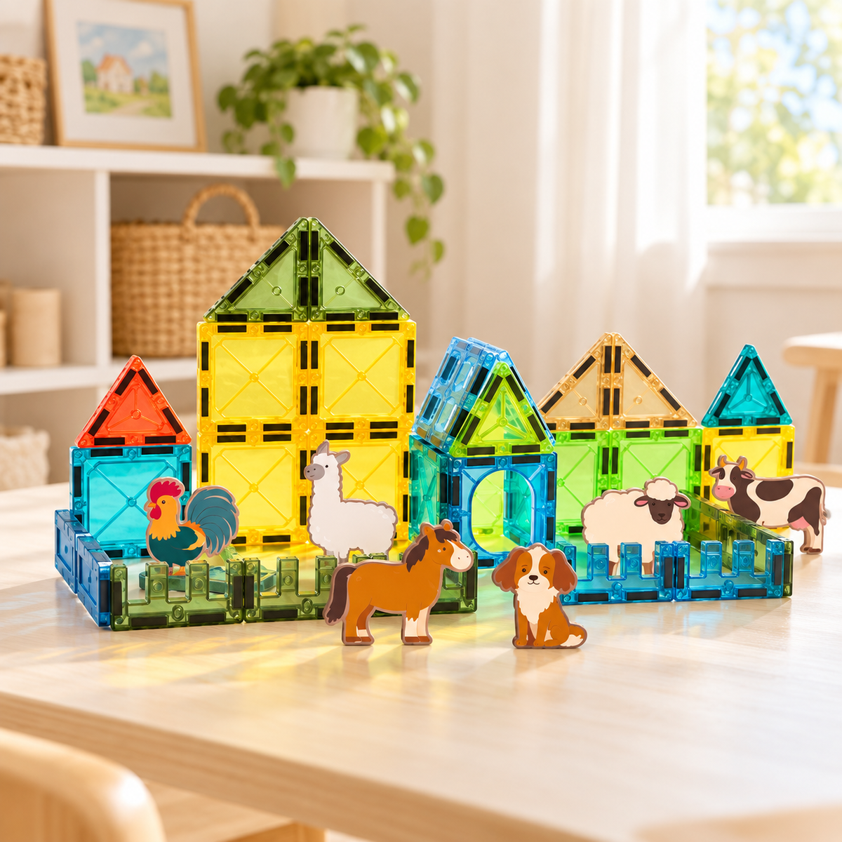 Magnetic farm building set displayed in a bright playroom