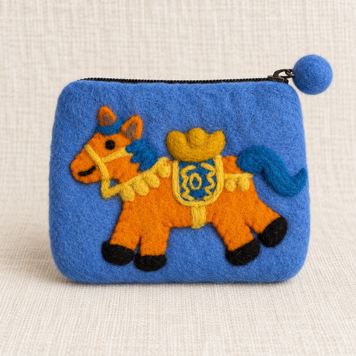 Blue cowboy horse felt coin purse front view