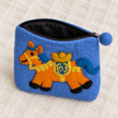 Open blue cowboy horse felt coin purse showing black lining