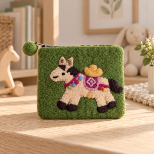 Cowboy pony felt coin purse in a warm nursery setting