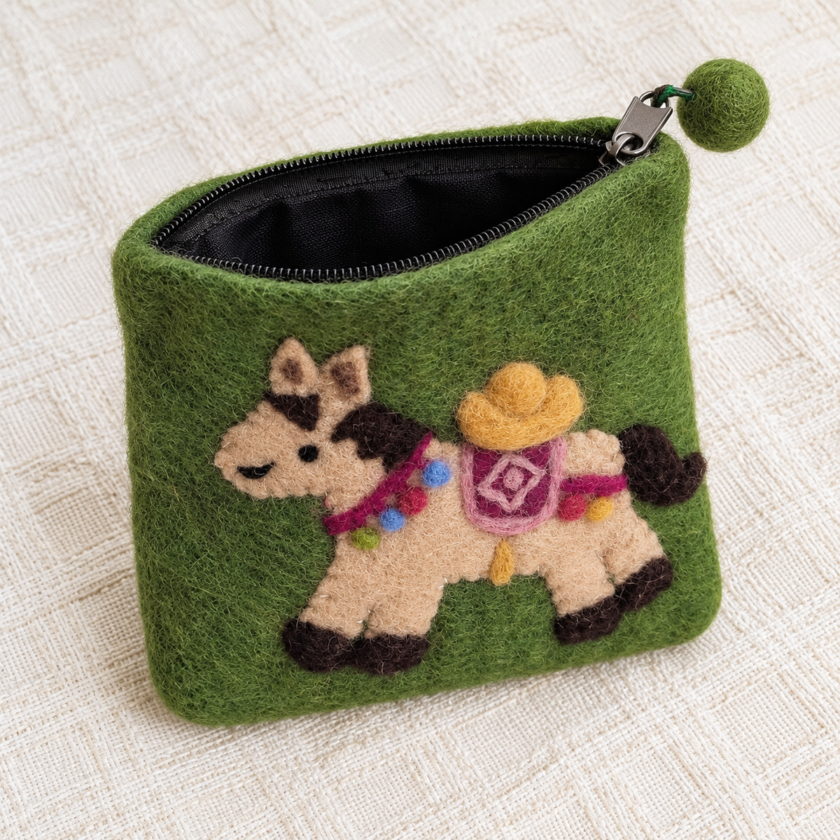 Open cowboy pony felt coin purse showing black lining