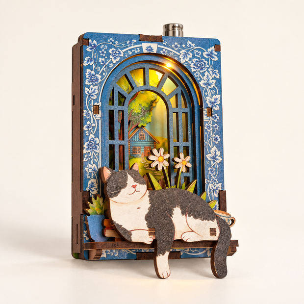 DIY light-up cat window wooden fridge magnet kit finished design