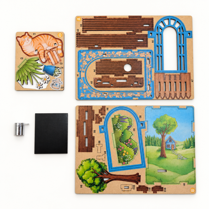 Materials breakdown for the DIY light-up cat window fridge magnet kit