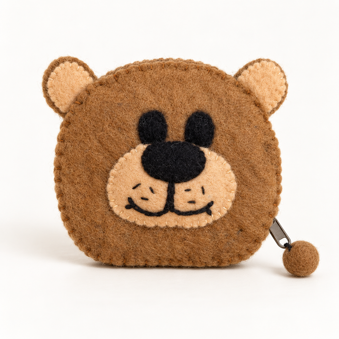 Felt brown bear coin purse front view
