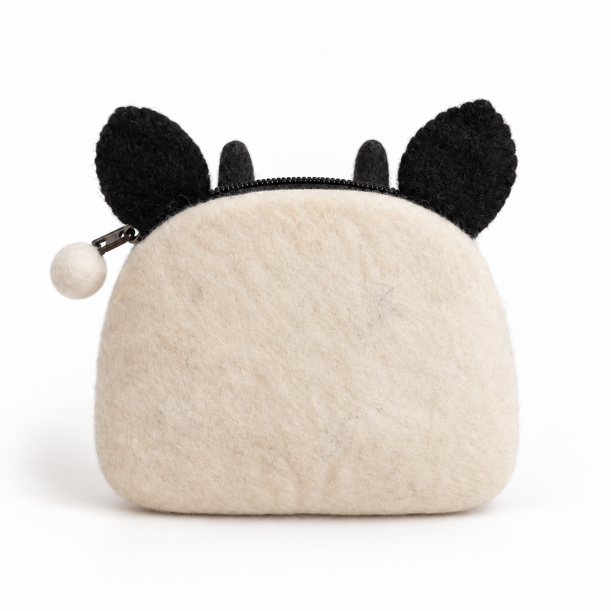 Back of felt cow coin purse with both horn tabs behind the zipper