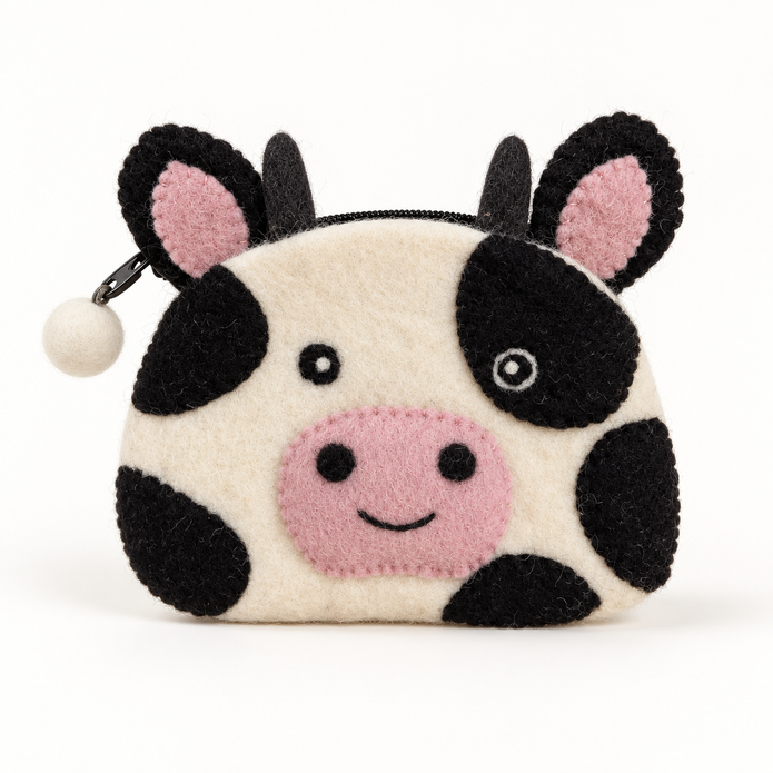 Felt cow coin purse front view