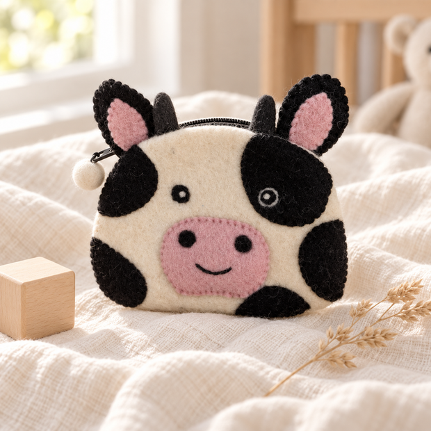 Felt cow coin purse in a warm nursery setting