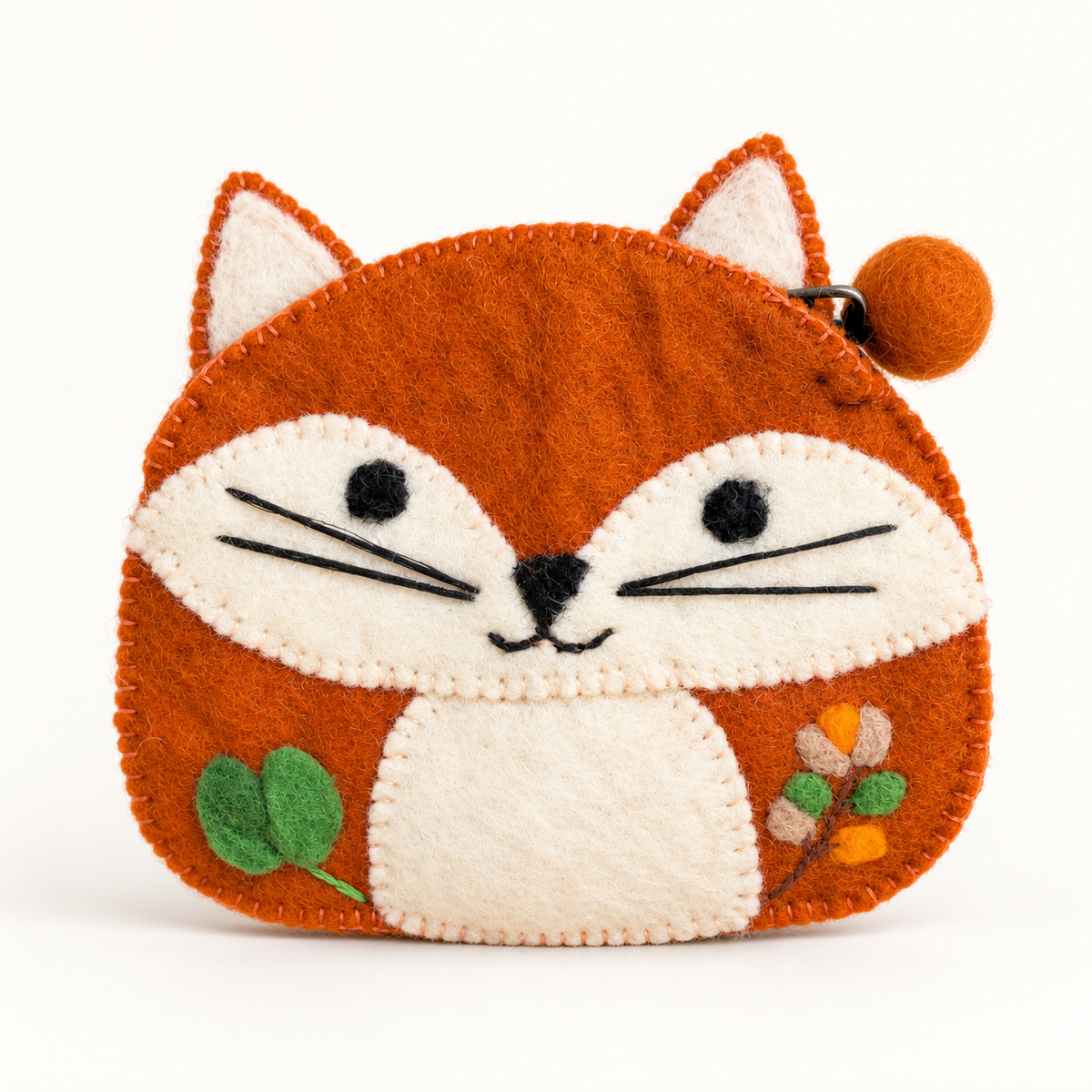 Burnt-orange felt fox coin purse, front view