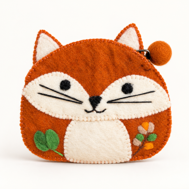 Burnt-orange felt fox coin purse, front view
