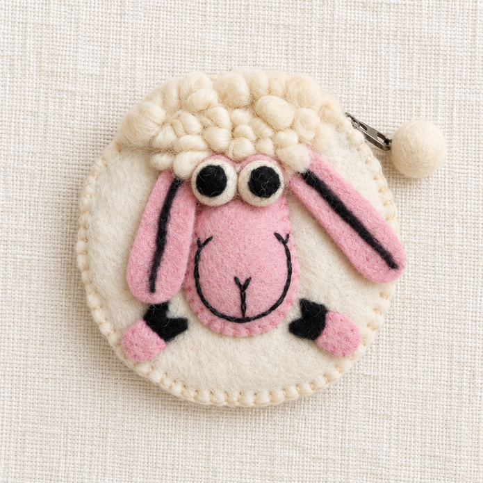 Handmade felt sheep coin purse front view