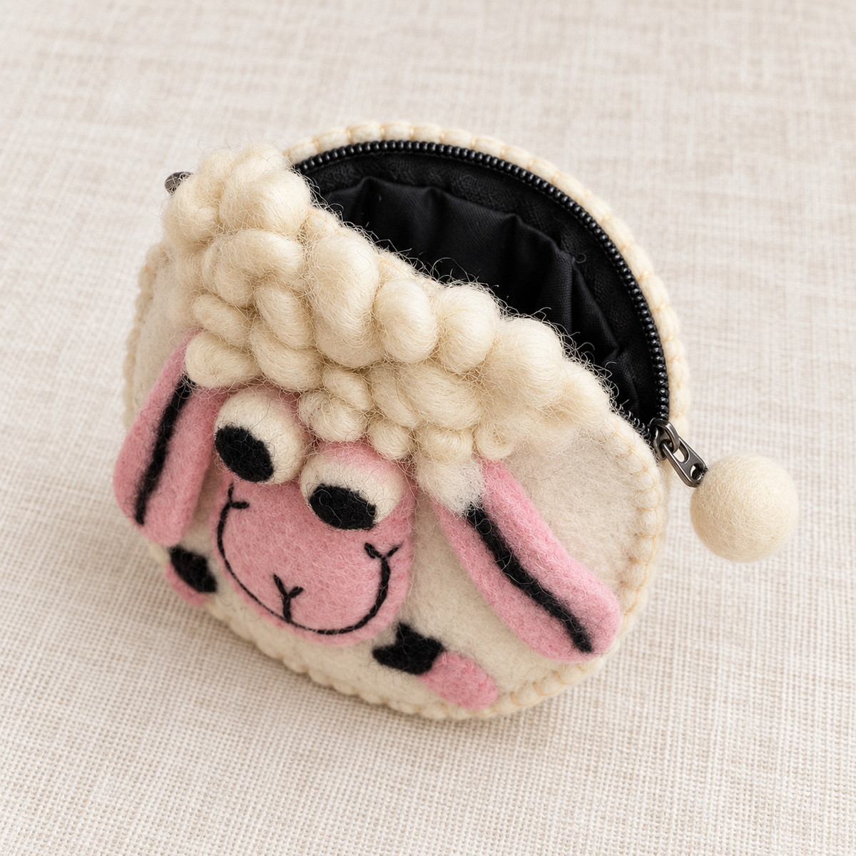 Handmade felt sheep coin purse open interior