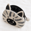 Felt tabby cat coin purse open to show the black lining and zipper pull