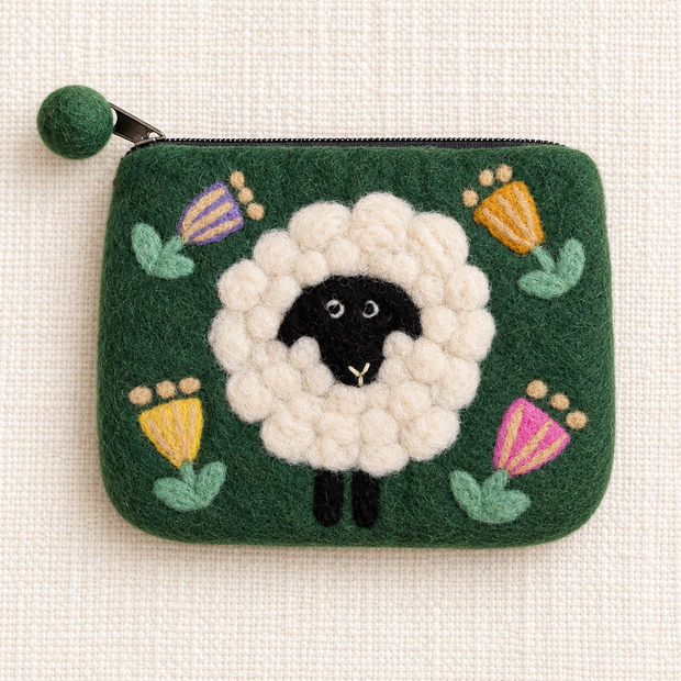 Green floral felt sheep coin purse front view