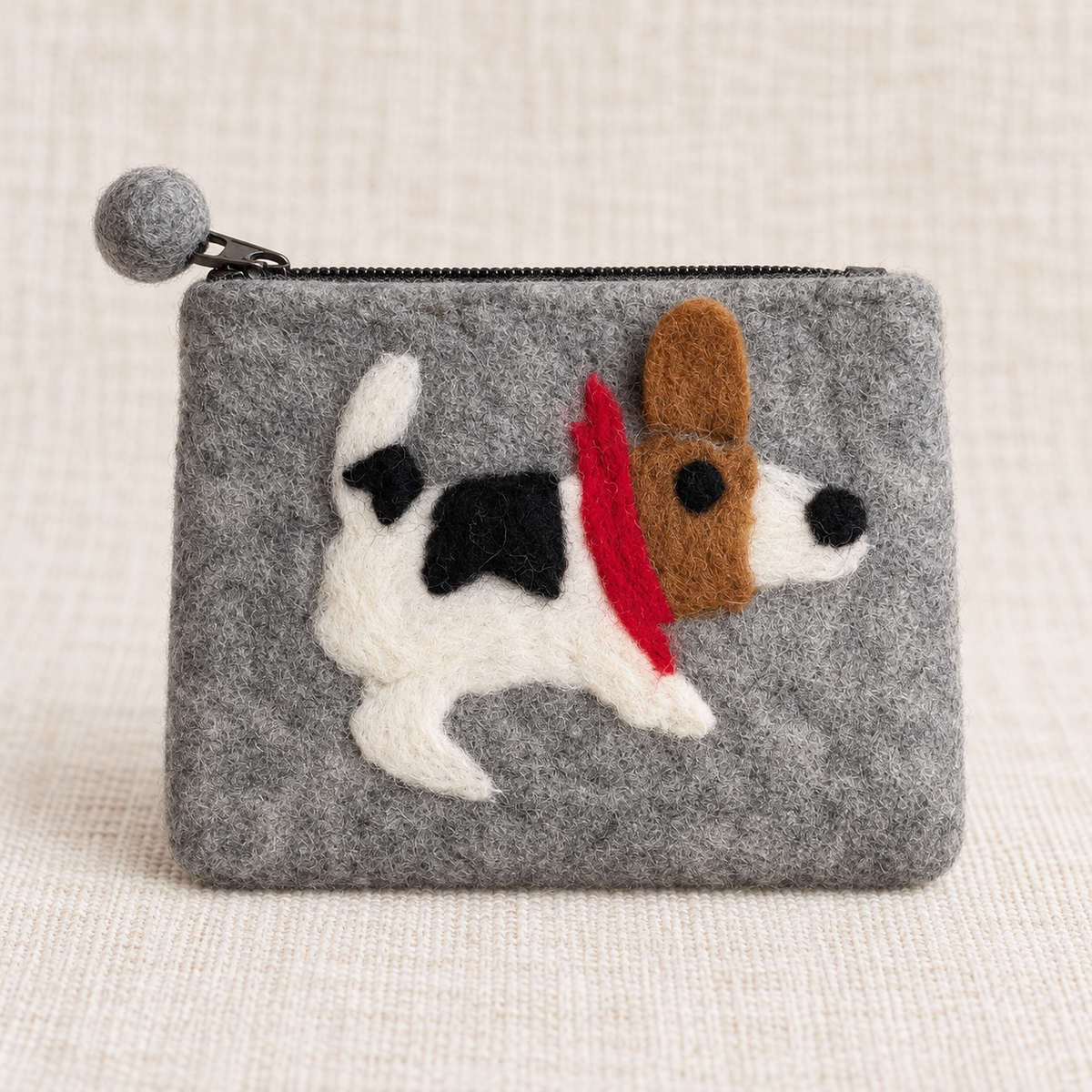 Grey spotted dog felt coin purse front view