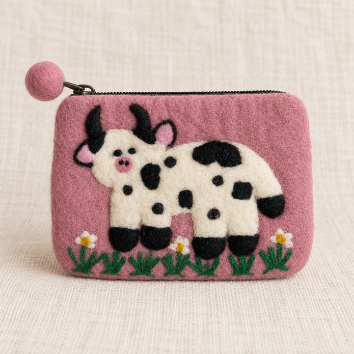 Pink cow felt coin purse front view