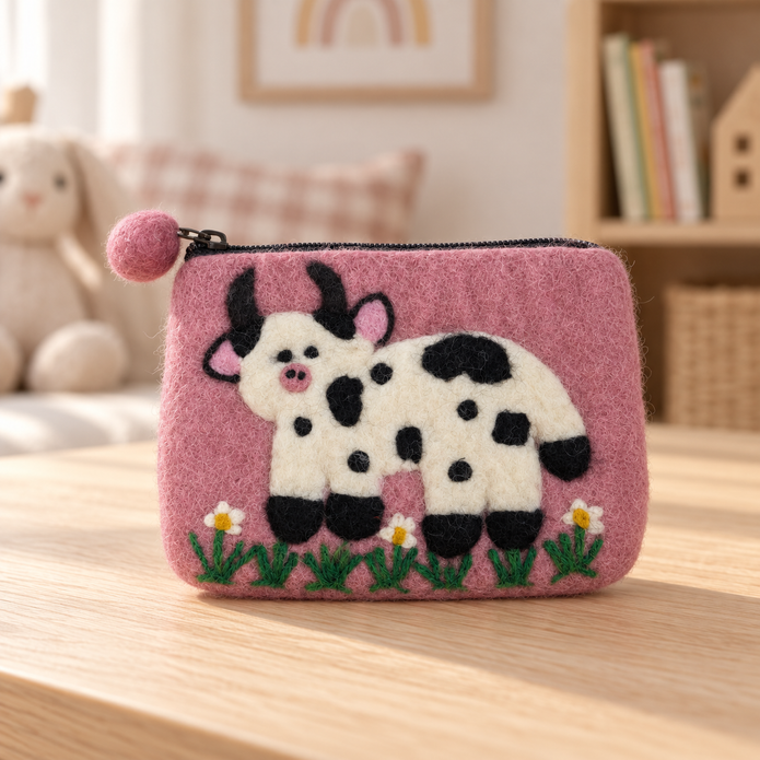 Pink cow felt coin purse in a warm nursery setting