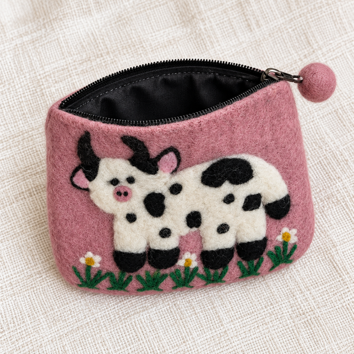 Open pink cow felt coin purse showing black lining