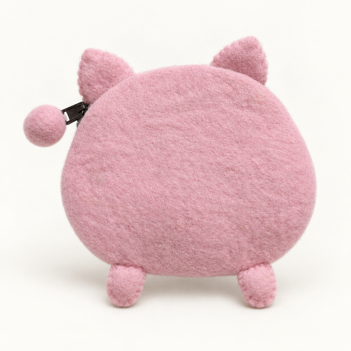 Plain back of pink felt pig coin purse with pom-pom zip pull