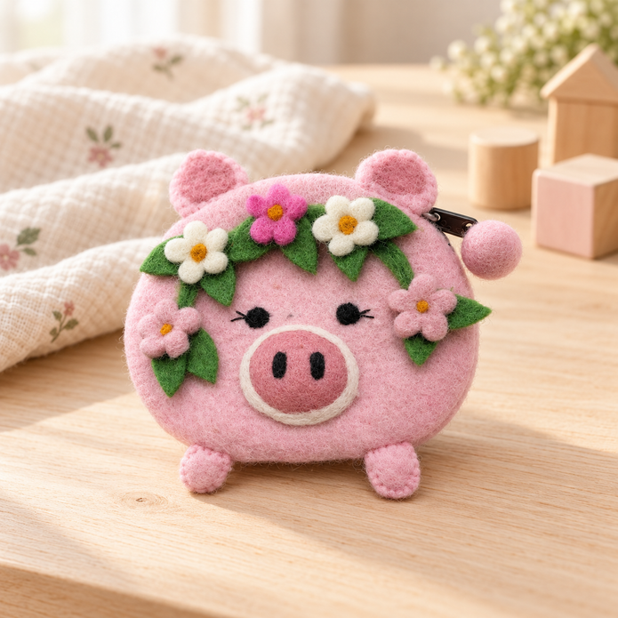 Pink felt pig coin purse styled on a pale wooden table