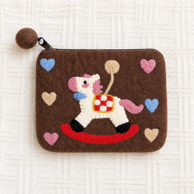 Brown felt rocking horse coin purse front view
